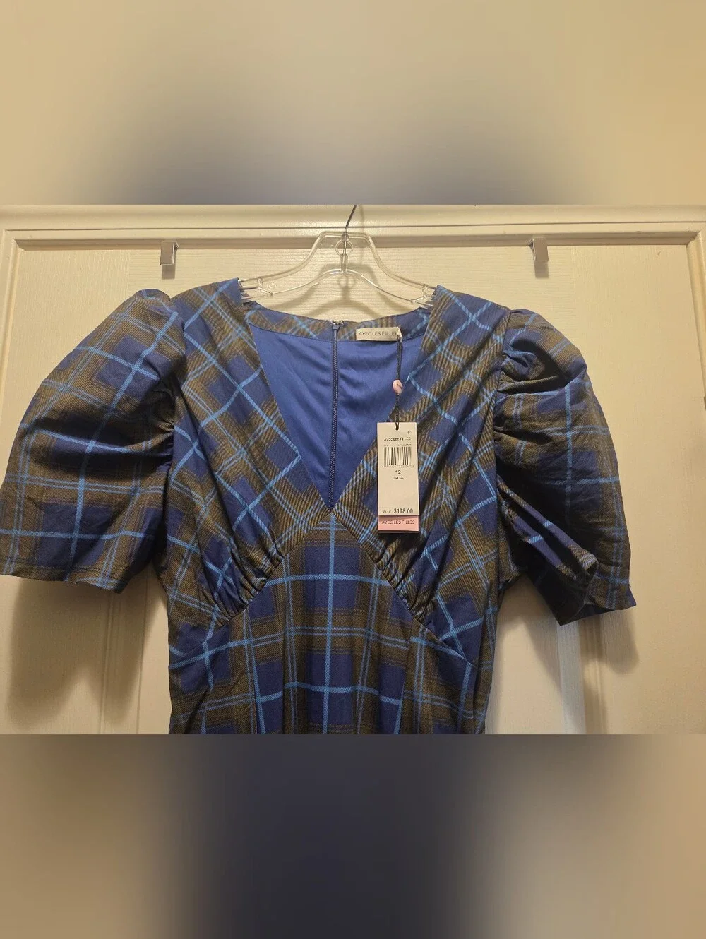 NWT Avec Les Filles Plaid Puff Sleeve Tie Belt Midi Dress - Size 12